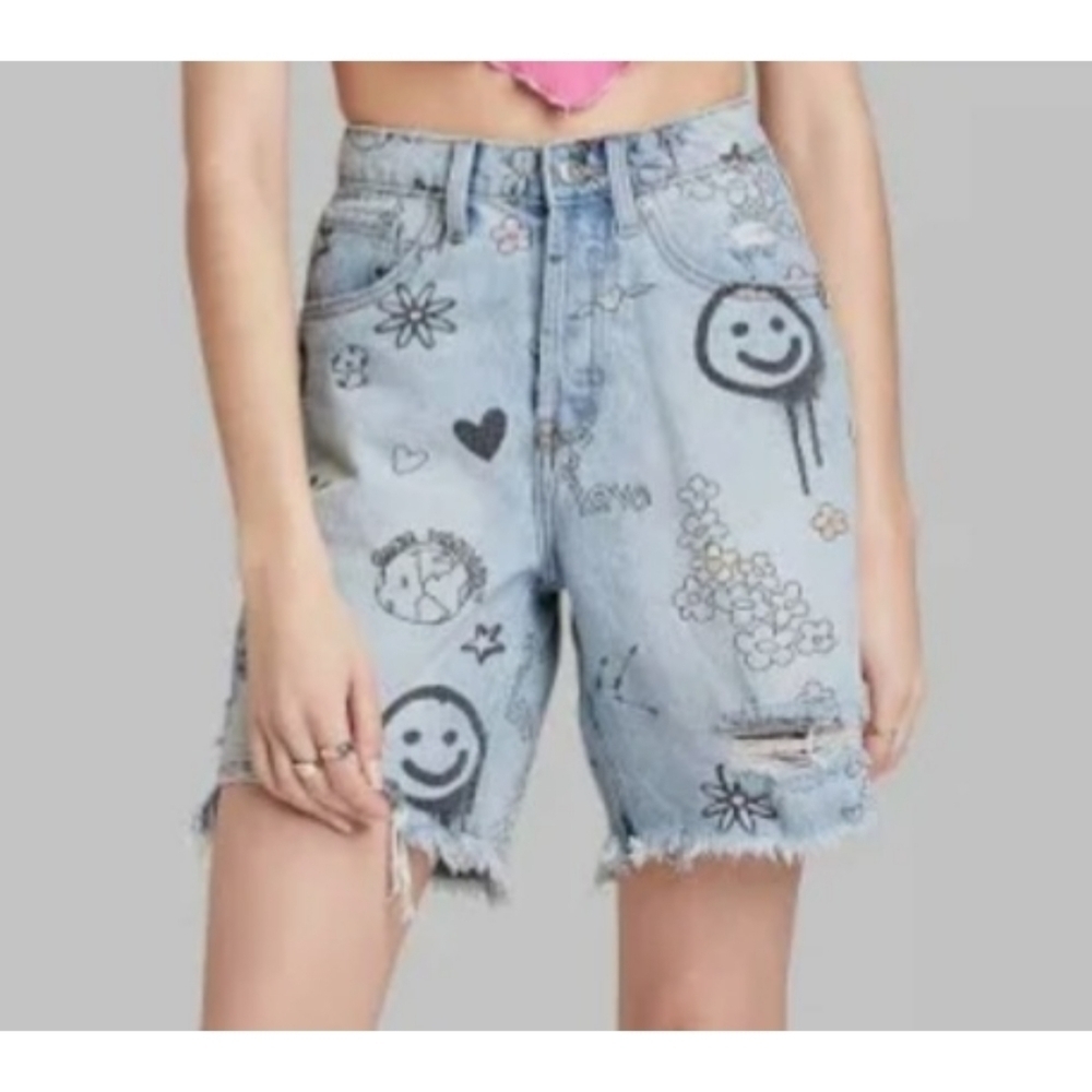 NEW Wild Fable High-Rise Doodle Denim Bermuda Shorts